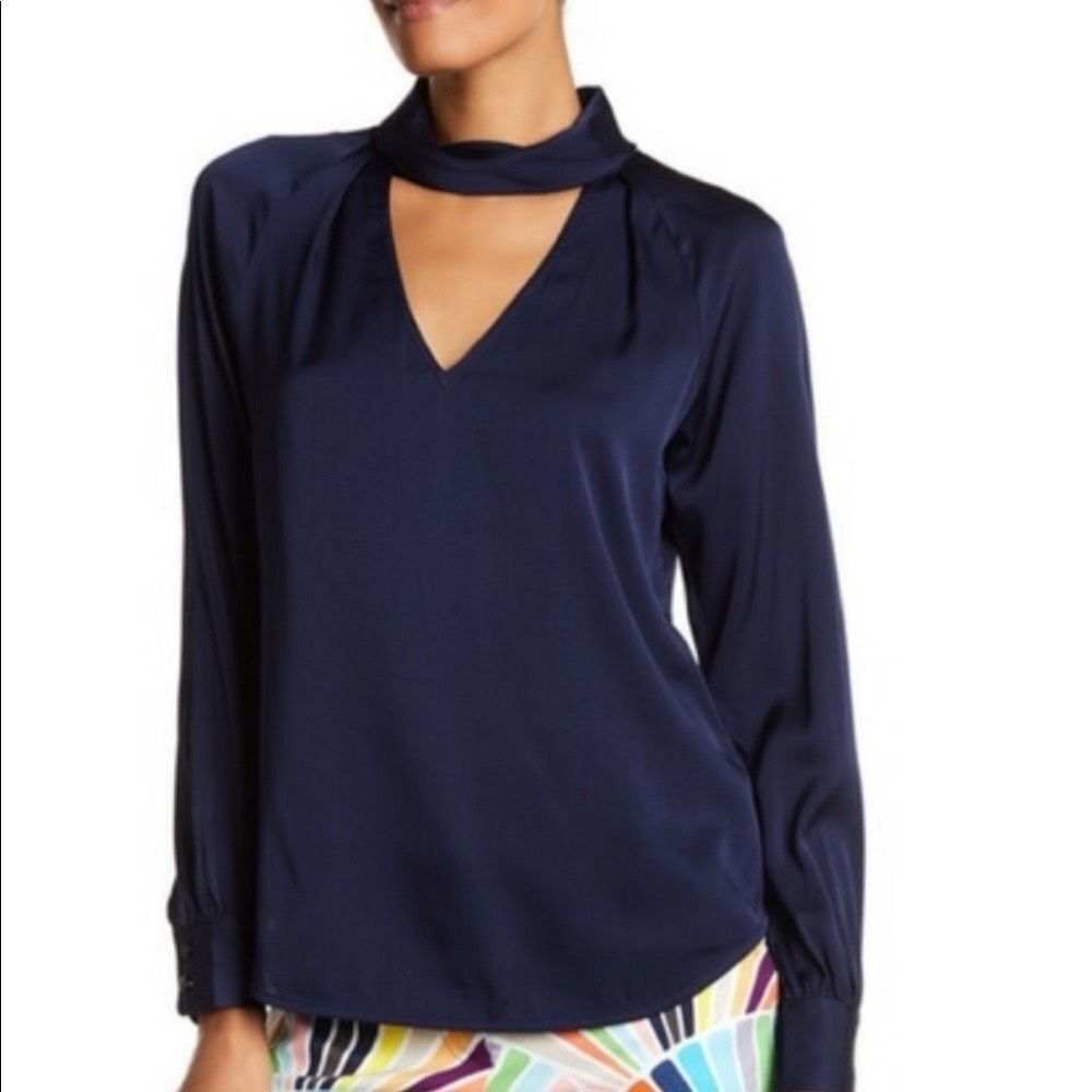 Trina Turk Abundant Silk Blouse Navy Blue Size Large